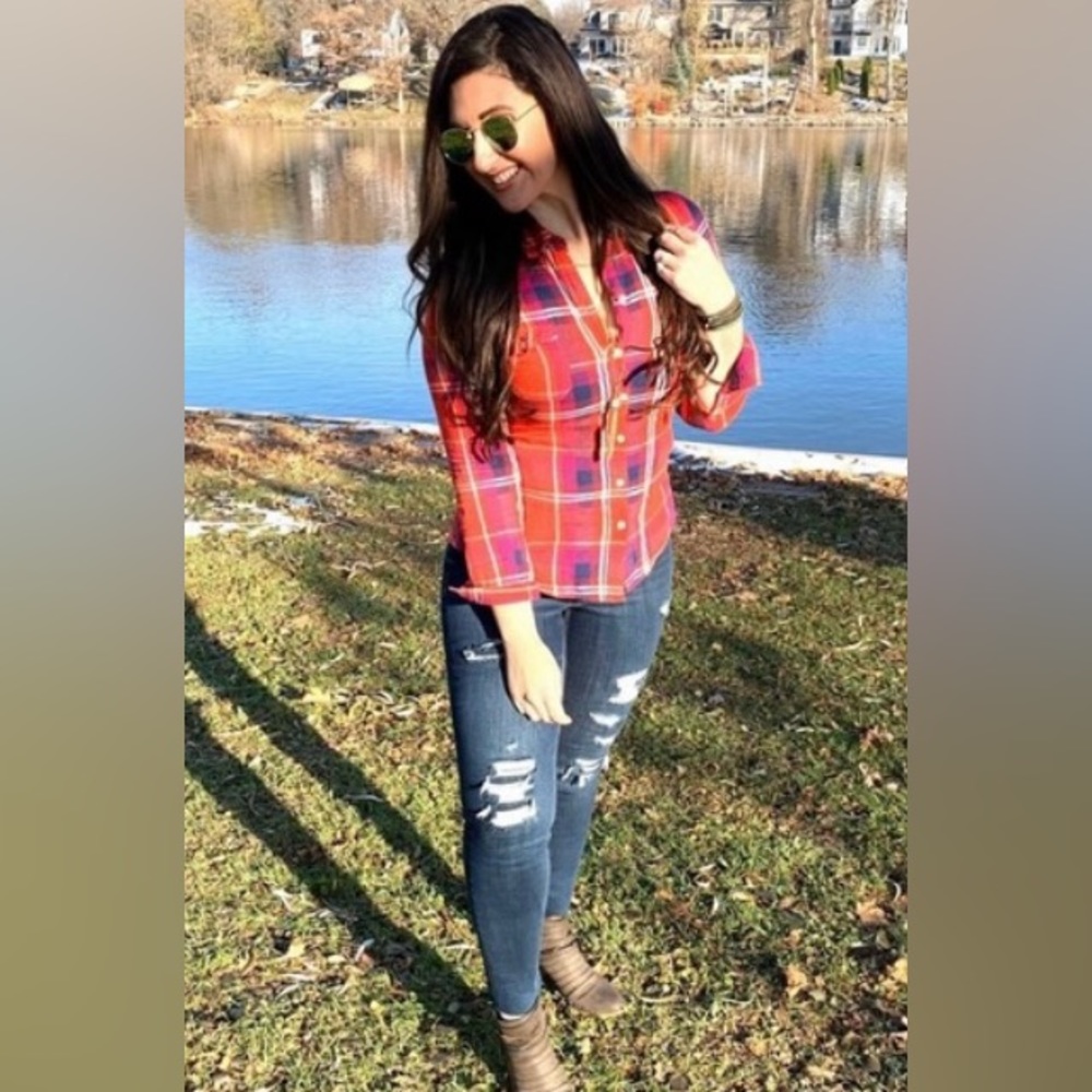 Old Navy Plaid Button Down shirt Red Check Holiday photoshoot XS western cowboy